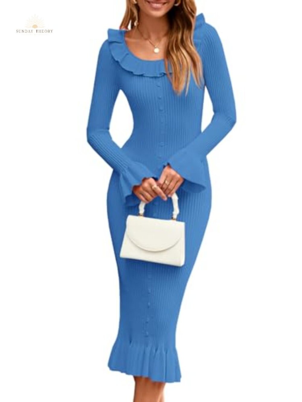 Ribbed Knit Sweater Dress Long Sleeve Bodycon Midi Ruffle